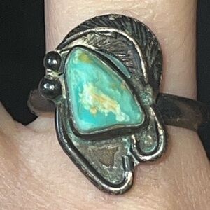 Vintage Navajo Native American Turquoise Leaf Silver Tone Ring size 5.5